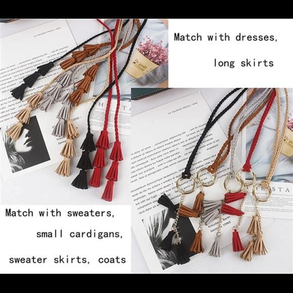 Women Girls PU Leather Waist Belt Chain Skinny Rope with Double Tassel for Dress main image 5
